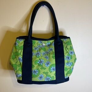 J Crew Canvas navy blue & green floral tote handbag